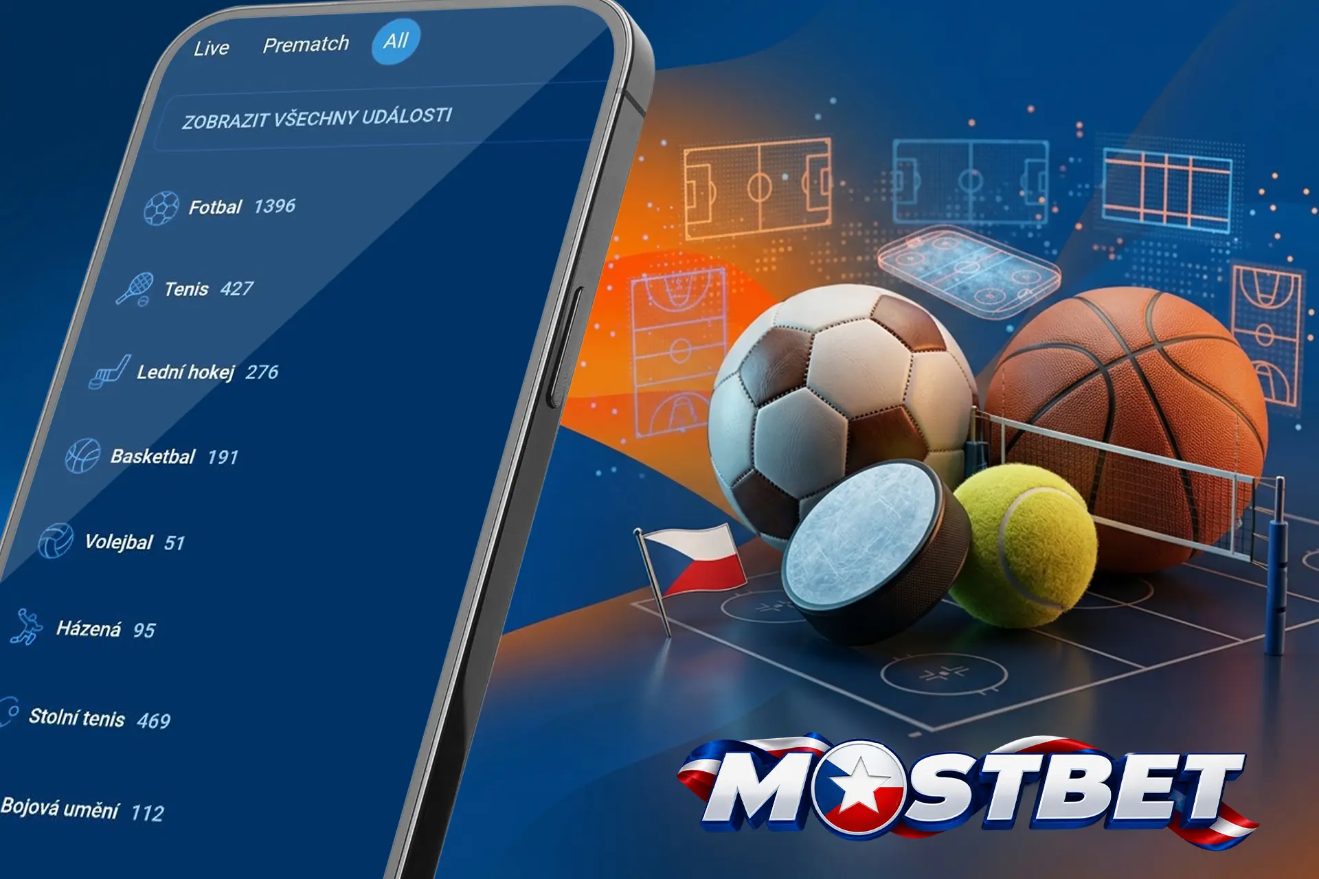 Široká nabídka sportů a sázkových událostí na Mostbet, zobrazená na mobilu s fotbalovým a basketbalovým míčem a pukem