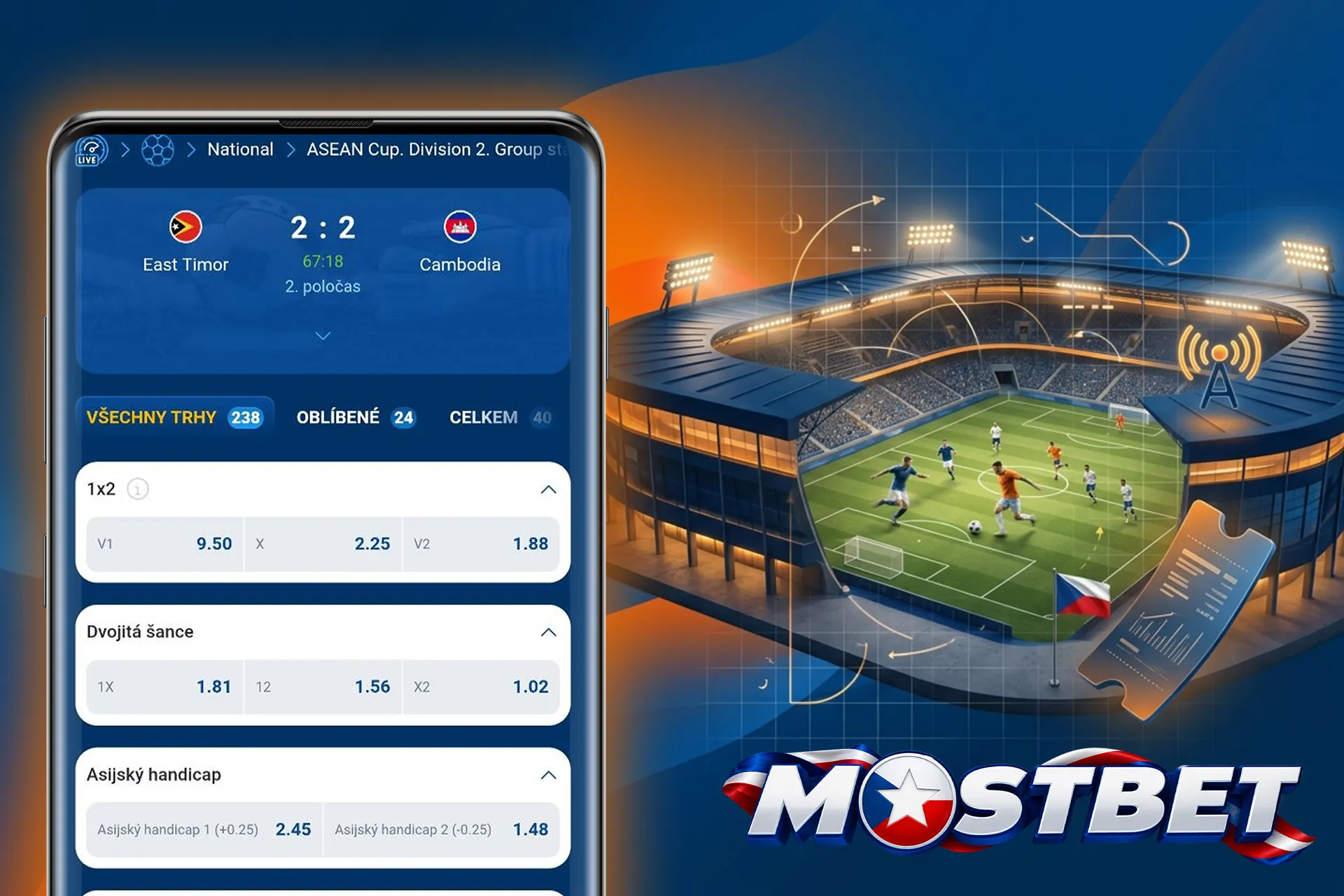 Dynamické live sázení na probíhající zápasy u Mostbet, ilustrované na mobilním zařízení s virtuálním stadionem v pozadí