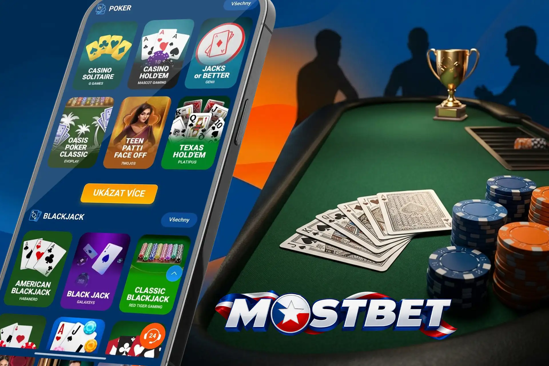 Pokerová sekce a probíhající turnaje na Mostbet, ilustrované nabídkou na smartphonu a zeleným hracím stolem s žetony