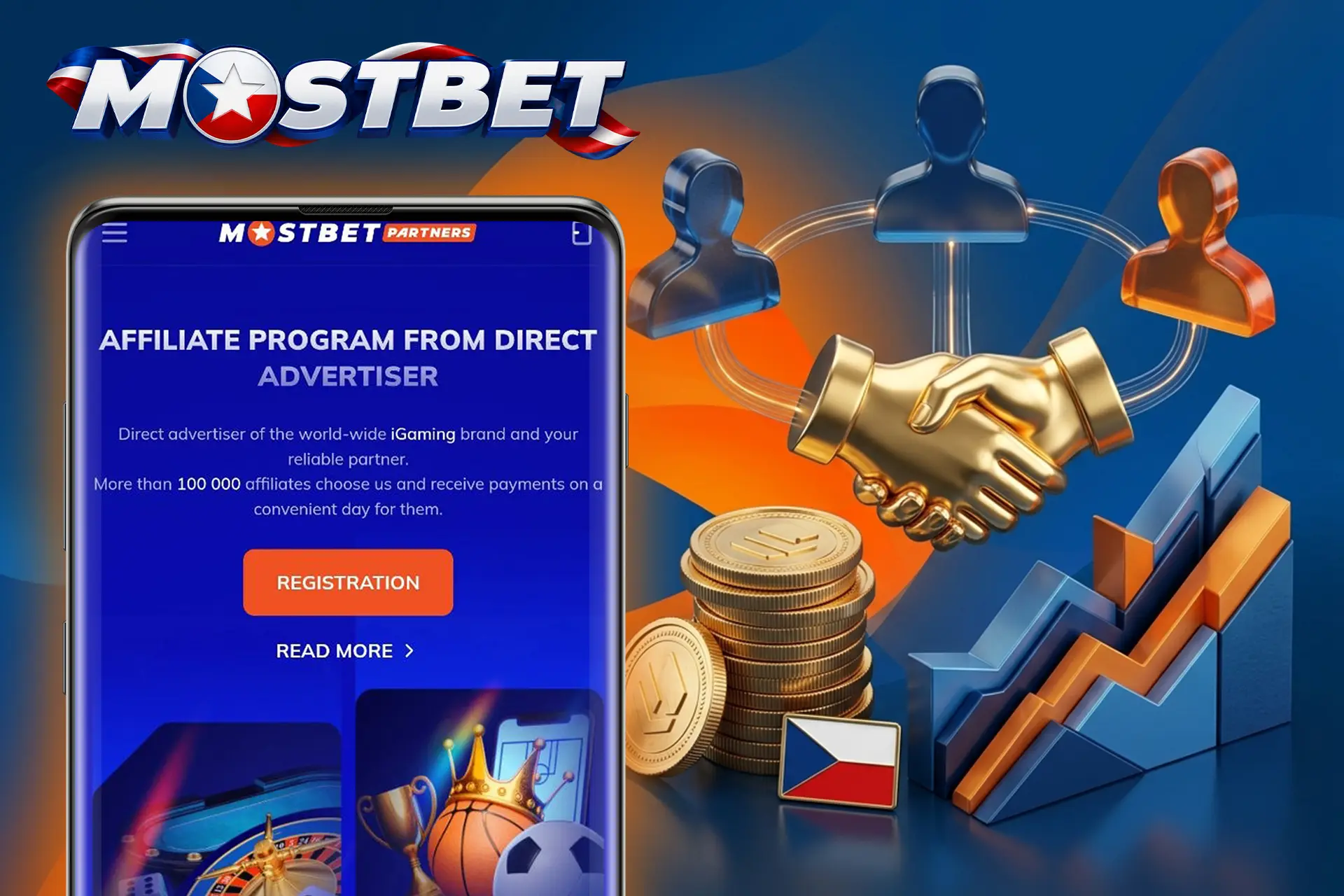 Partnerský program a affiliate spolupráce s Mostbet, symbolizované zlatým potřesením rukou, mincemi a rostoucím grafem