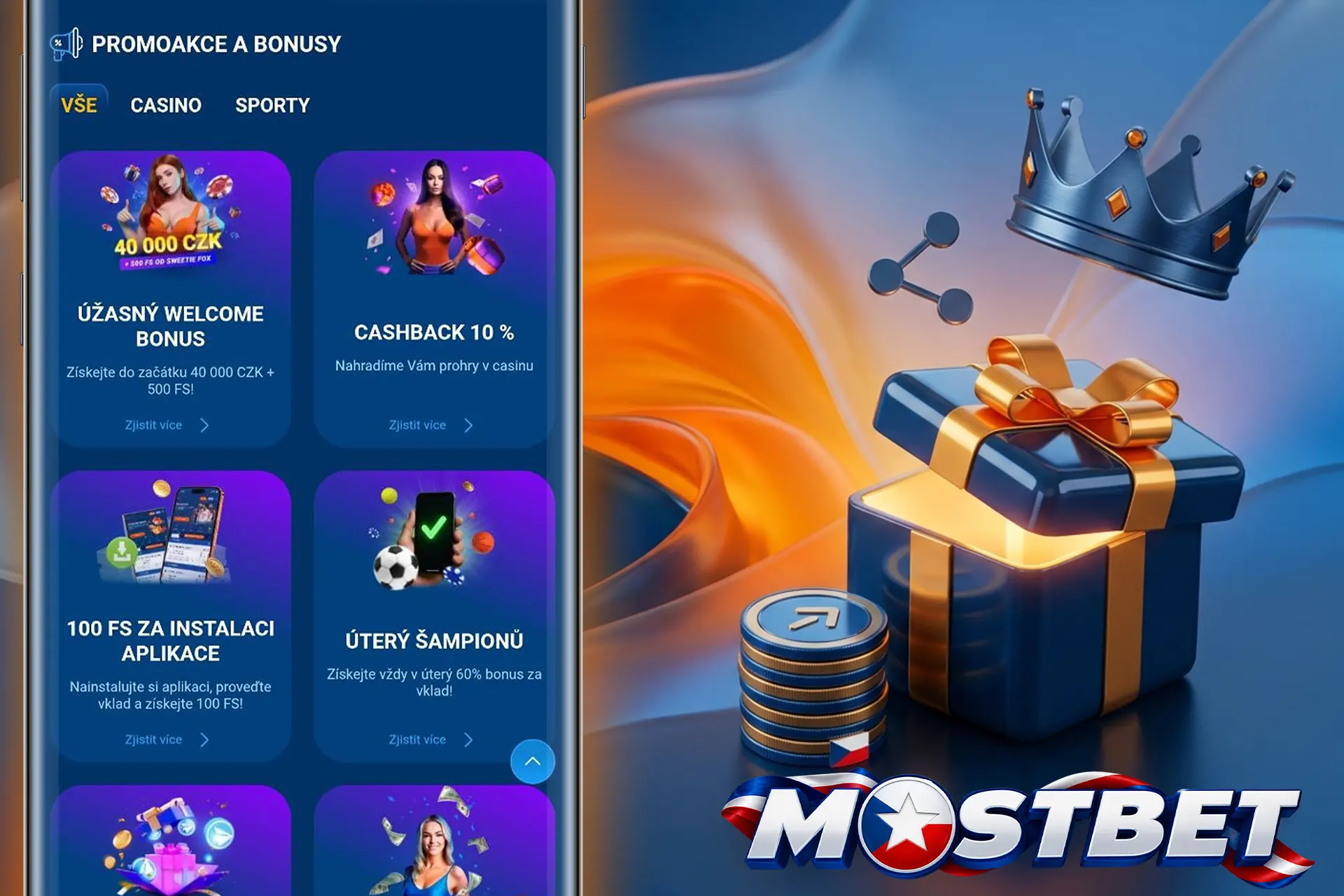 Exkluzivní odměny a štědré promo akce na Mostbet, zobrazené s dárkovou krabičkou, modrou korunou a zlatými mincemi na mobilu