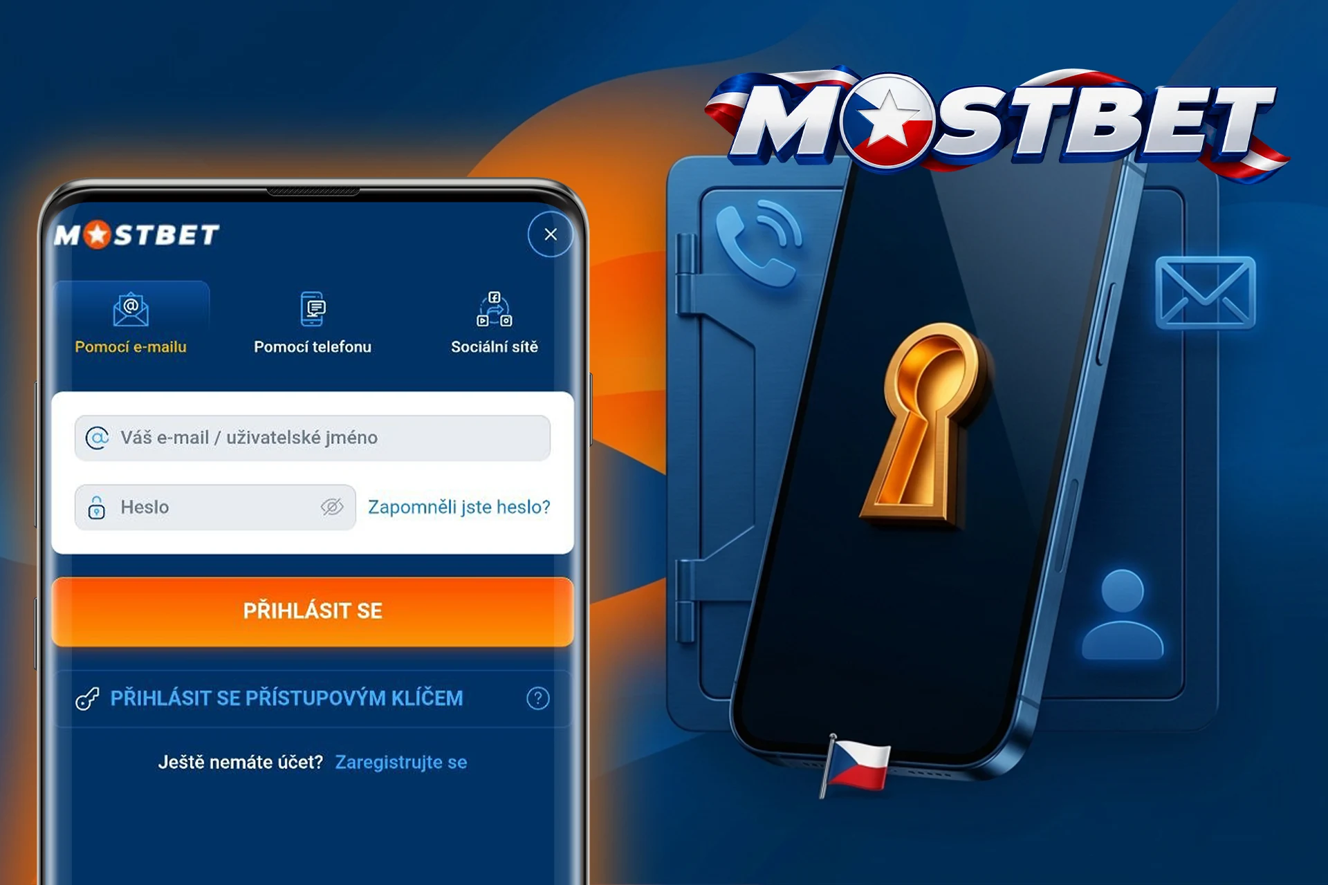 Bezpečný proces přihlášení a správa účtu na platformě Mostbet, symbolizováno trezorem se zlatou klíčovou dírkou a přihlašovacím formulářem